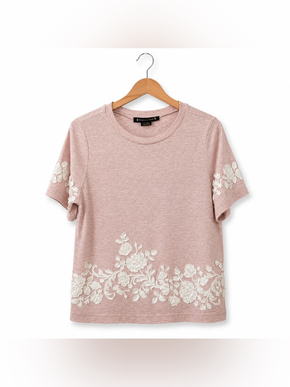 Pankaj & Nidhi Blush Pink 3D Floral Appliqué Tee Size M | Embroidered Roses Top